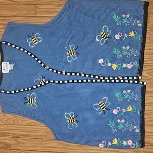 Quacker Factory Sweater Vest Womens Large Embroidered Bumblebees Blue